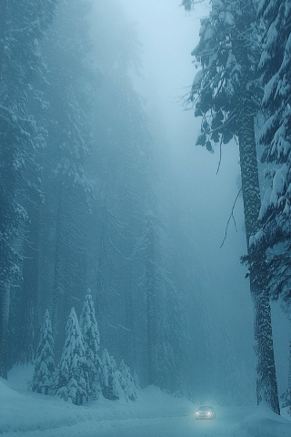 лес, дорога, деревья, величественные, снег, машина, заснеженность, вечер, сумерки, зима