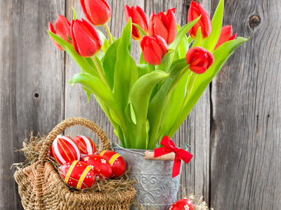 easter, tulips, тюльпаны, red, пасха, яйца, flowers, eggs, basket