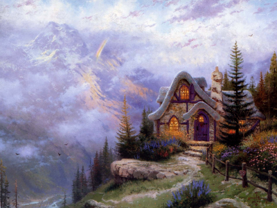 thomas kinkade, каменный, живопись, дом, sweetheart cottage iii, коттедж