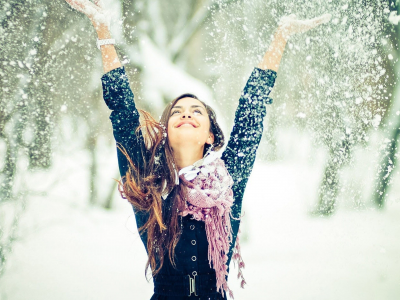 winter, snow, snowfall, girl, smile, brunette, merry