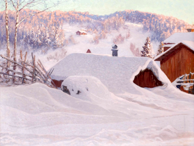 дома, пейзаж, зима, картина, крыши, anshelm schultzberg, сугробы
