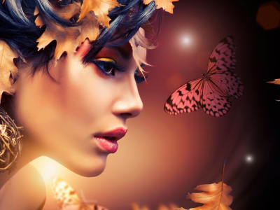 девушка, листья, осень, бабочка, украшения, осень, бабочка, украшение