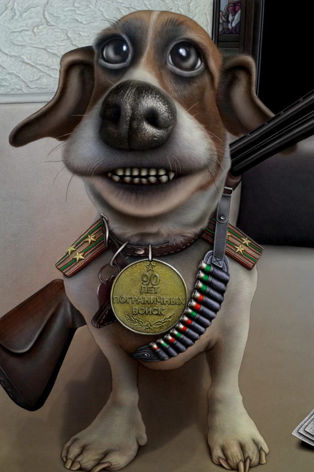 медаль, собака, ружье, пограничник, погоны, карикатура
