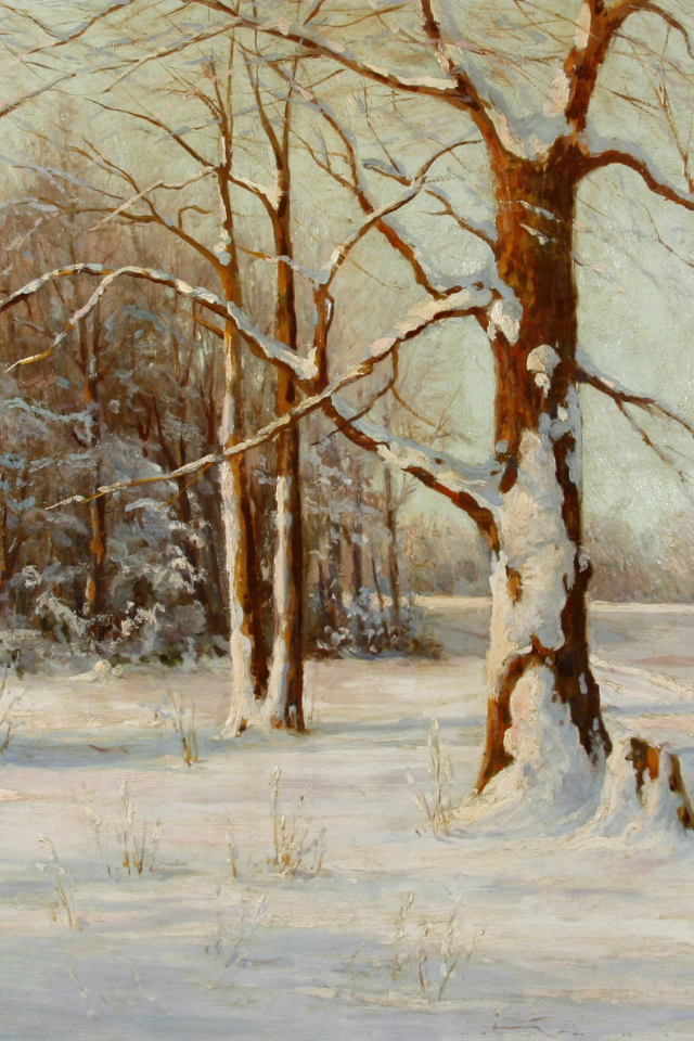 картина, пейзаж, елки, деревья, лес, зима, walter moras, снег