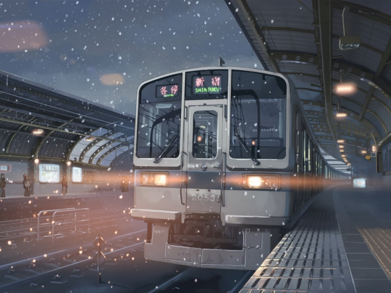 станция, снег, япония, поезд, 5 сантиметров в секунду