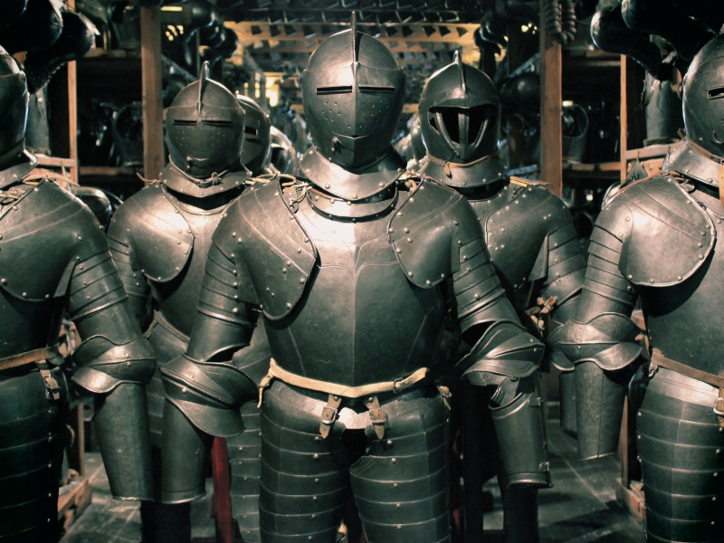 helmet, full armor of battle, leather, metal