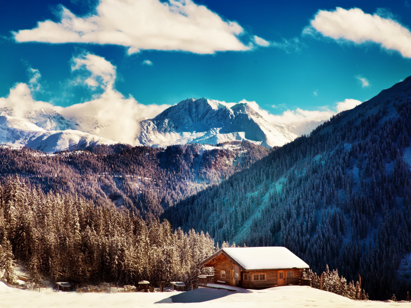 winter, clouds, mountains, blue sky