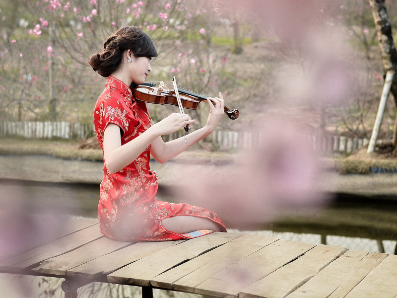 скрипка, девушка, азиатка