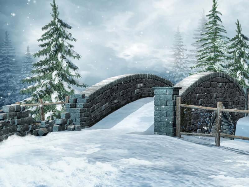 фото, зима, снег, 3d графика, ель, мост, природа