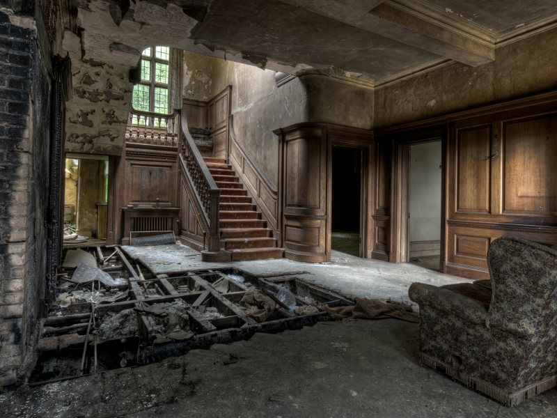 wood, ruin , destroyed floors, house abandoned, wall bricks, armchair, stairs, walls unpainted