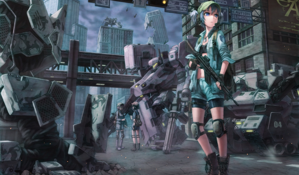 оружие, гильзы, kawashiro nitori, touhou, здания, девушка, роботы