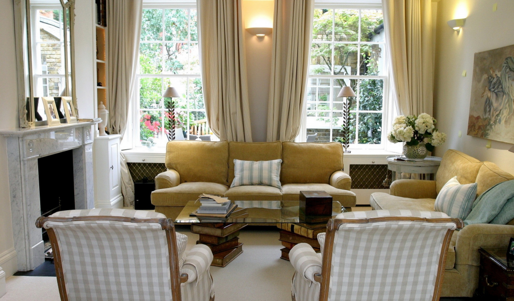 кресло, интерьер, диван, камин, дизайн, окно