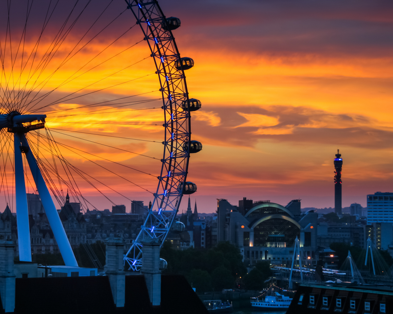 колесо обозрения, south bank, закат, london, город, дома, gb, england