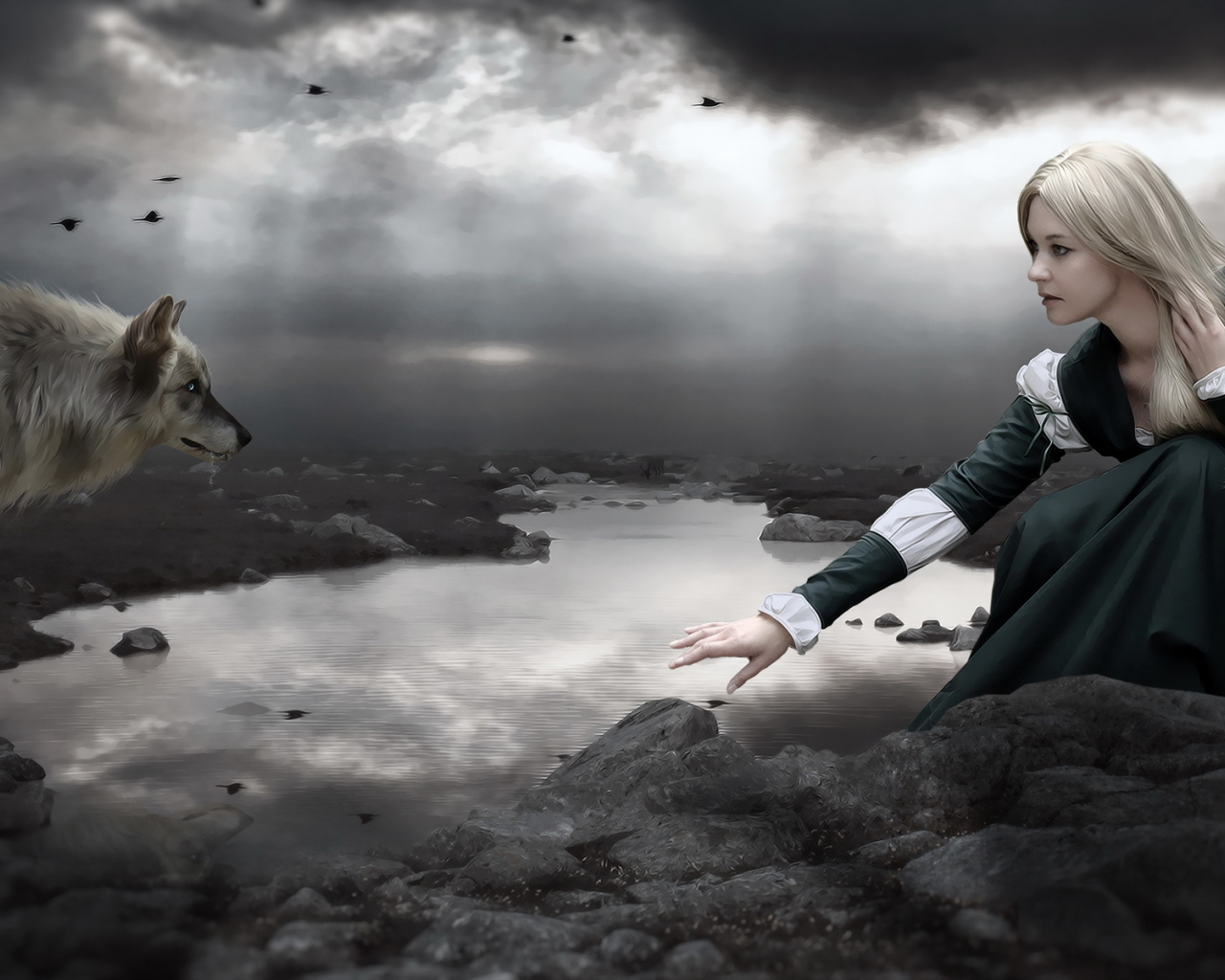 photomanipulation, dark, wolf, lake, girl