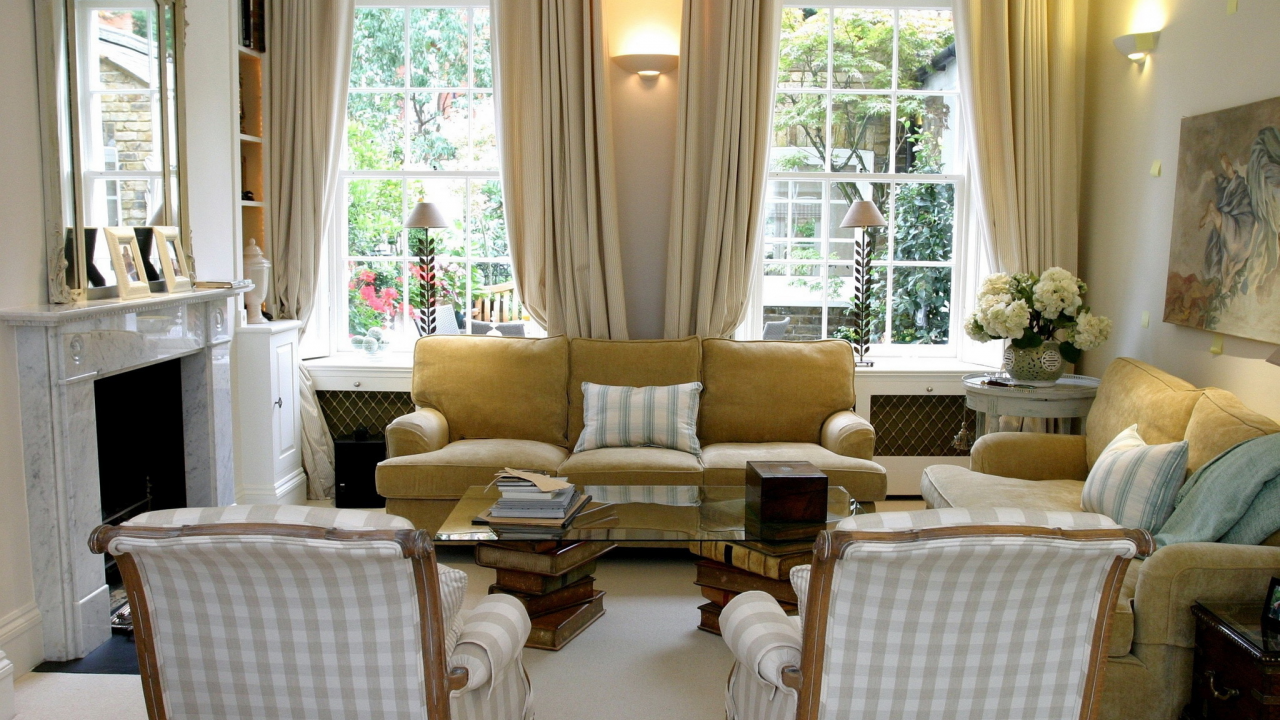 кресло, интерьер, диван, камин, дизайн, окно