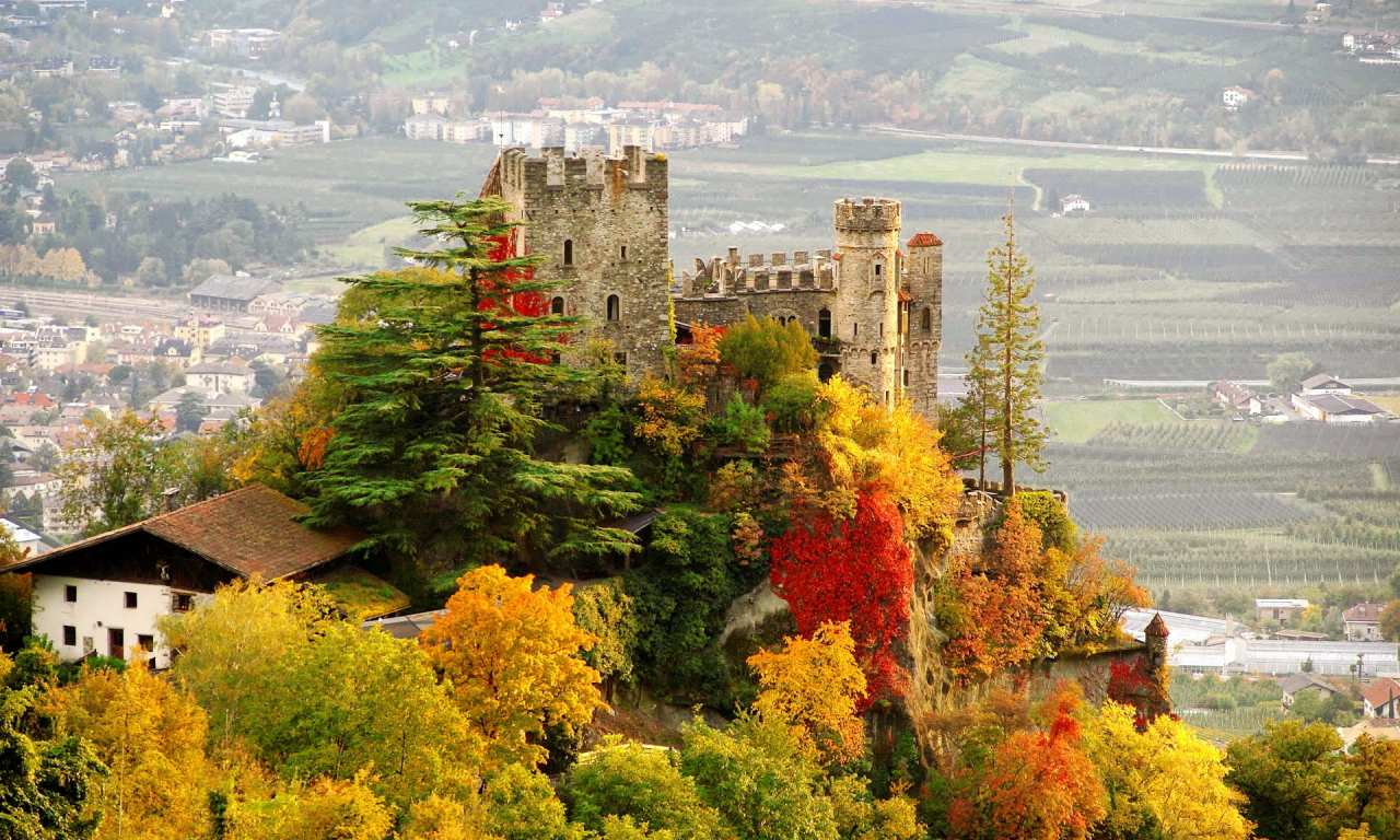 brunnenburg, castle, город, осень, деревья, замок, италия, фото