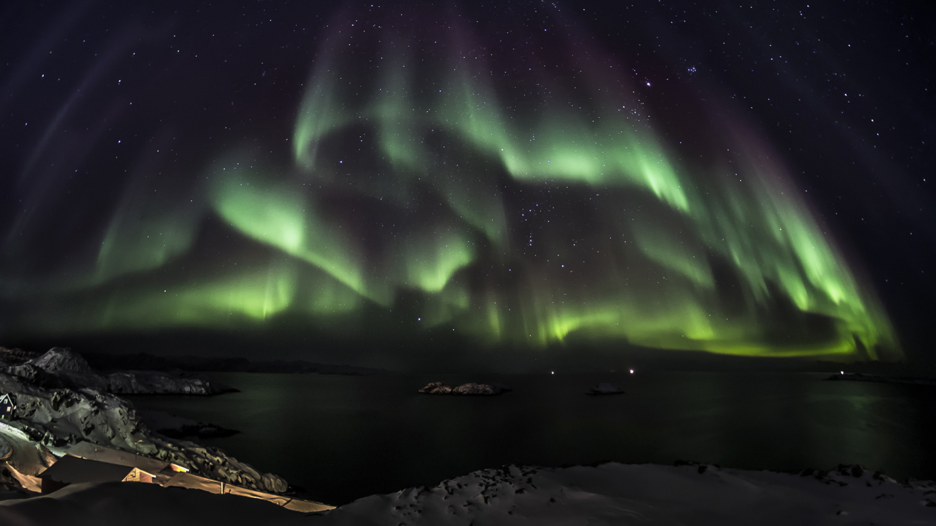 aurora borealis, ночь, северное сияние, снег, океан, зеленый