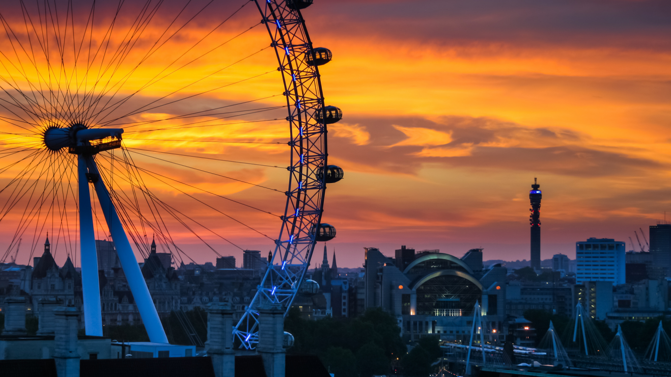 колесо обозрения, south bank, закат, london, город, дома, gb, england