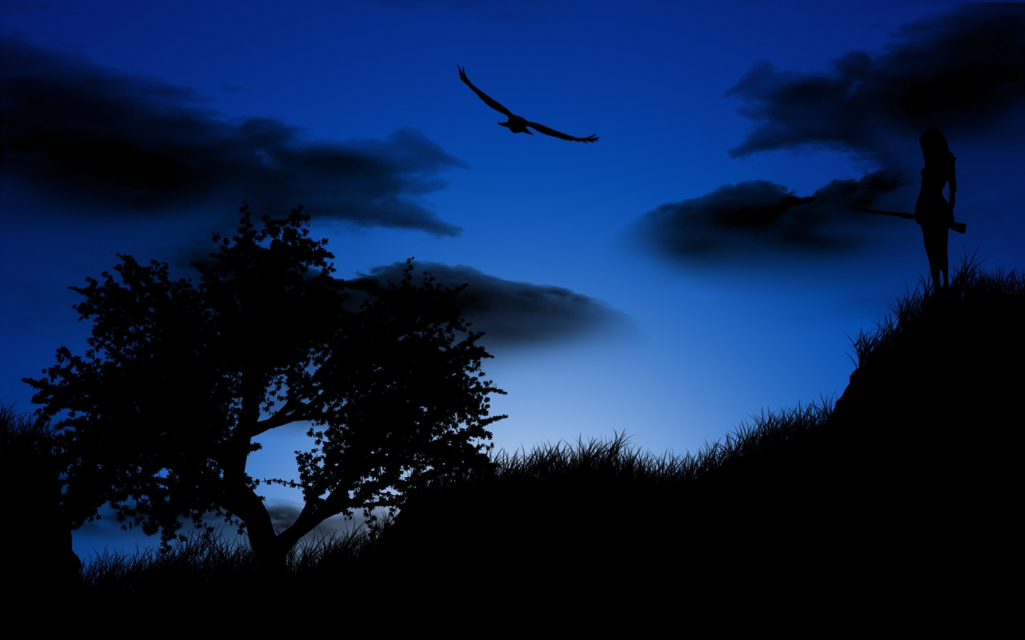 арт, фотошоп, ночь, деревья, птица, девушка, синие