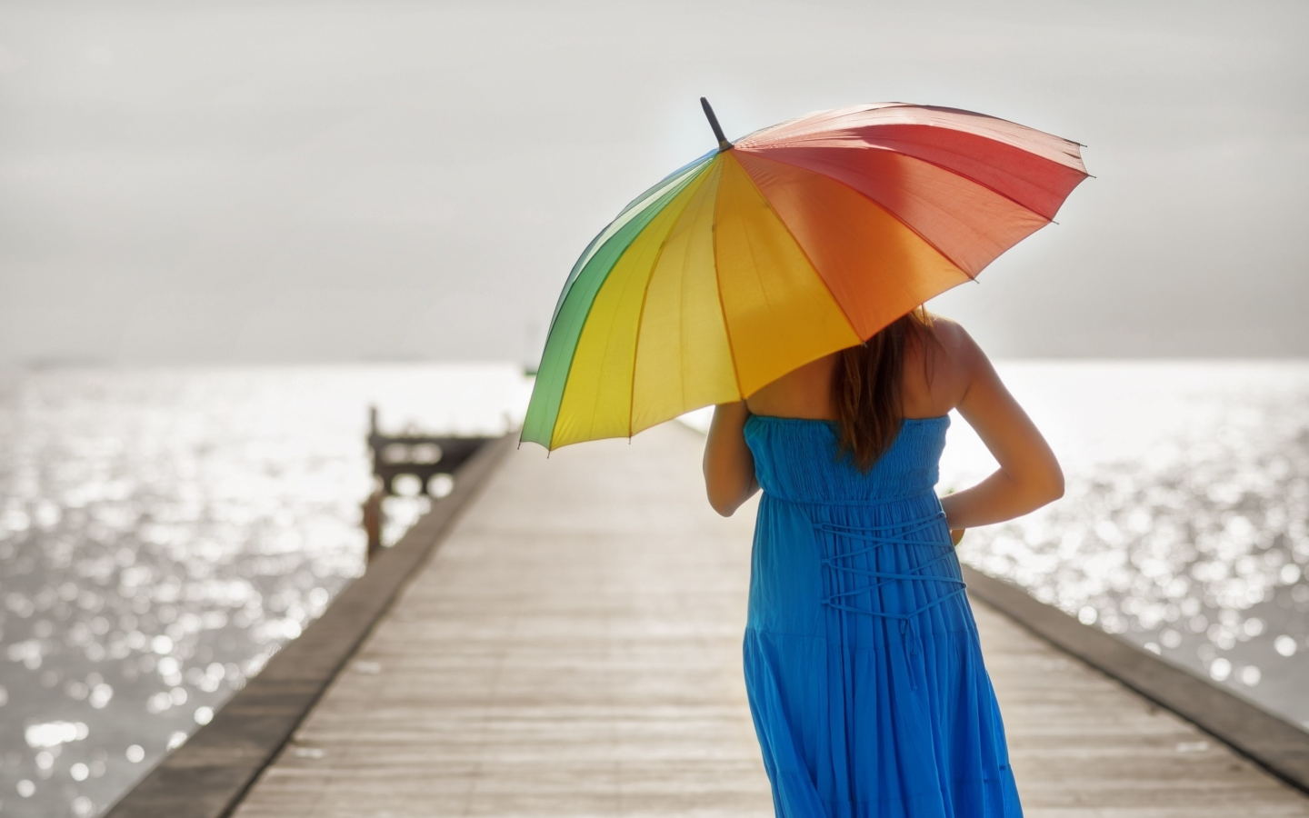 зонт, женщина, настроения, платье, голубое, девушка