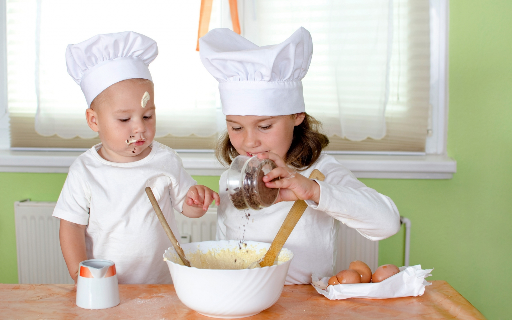 table, spices, boy, cream, girl, children, cup, eggs, kitchen, ребёнок, baby, spoon, cook