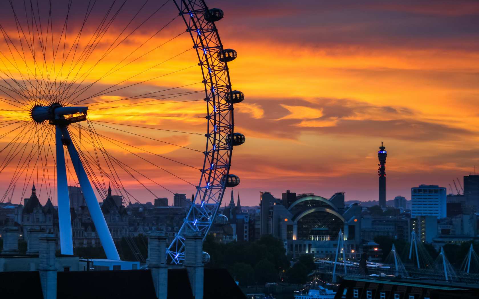 колесо обозрения, south bank, закат, london, город, дома, gb, england