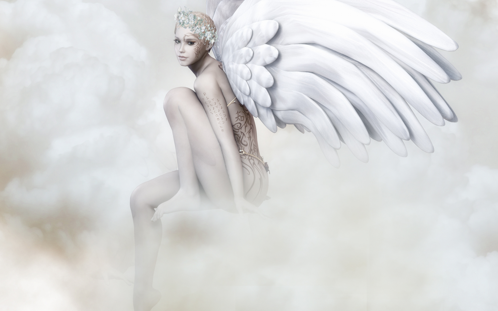крылья, узоры, поза, рендеринг, 3d, лицо, ангел, взгляд