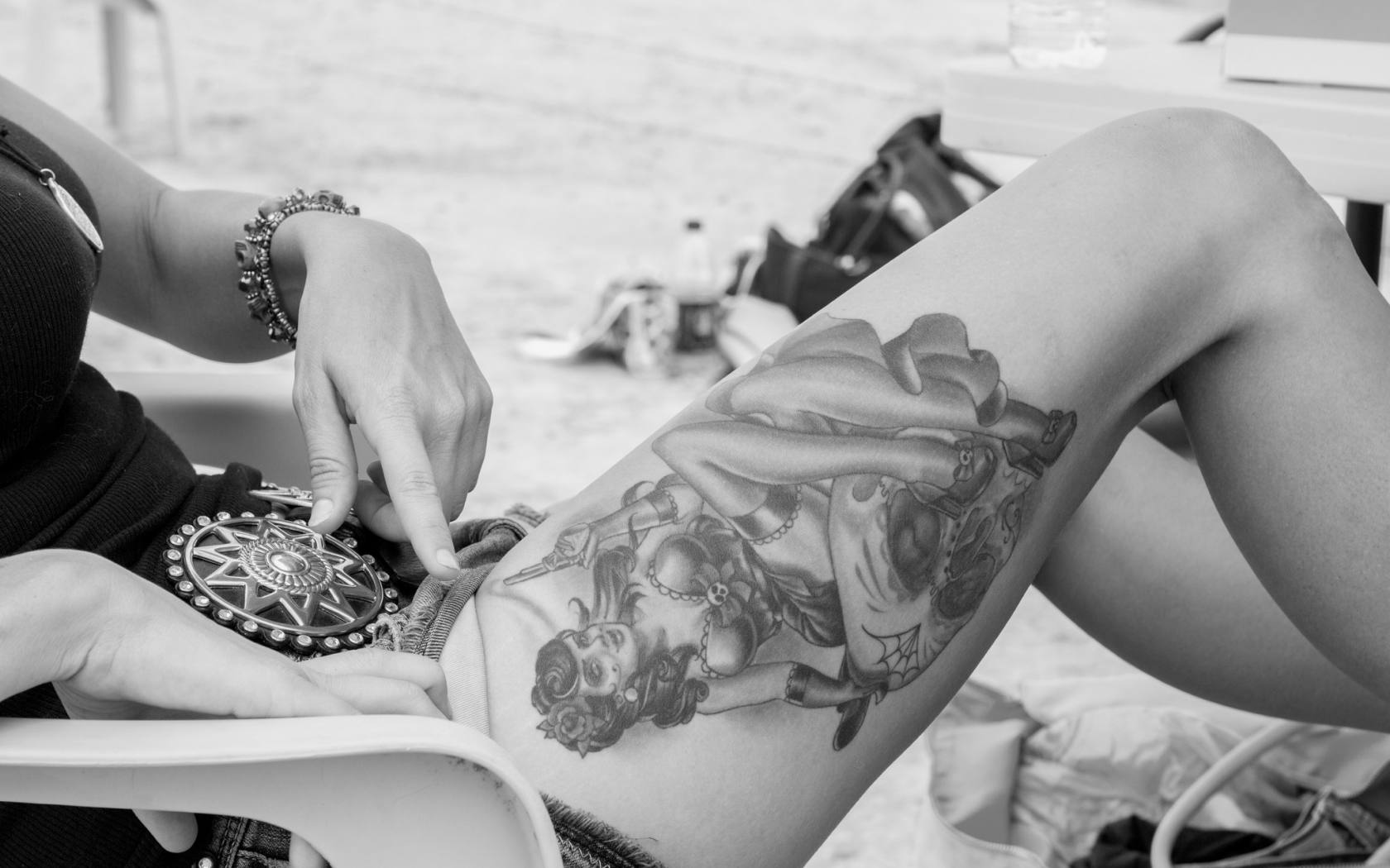 legs, tattoo, black and white, female