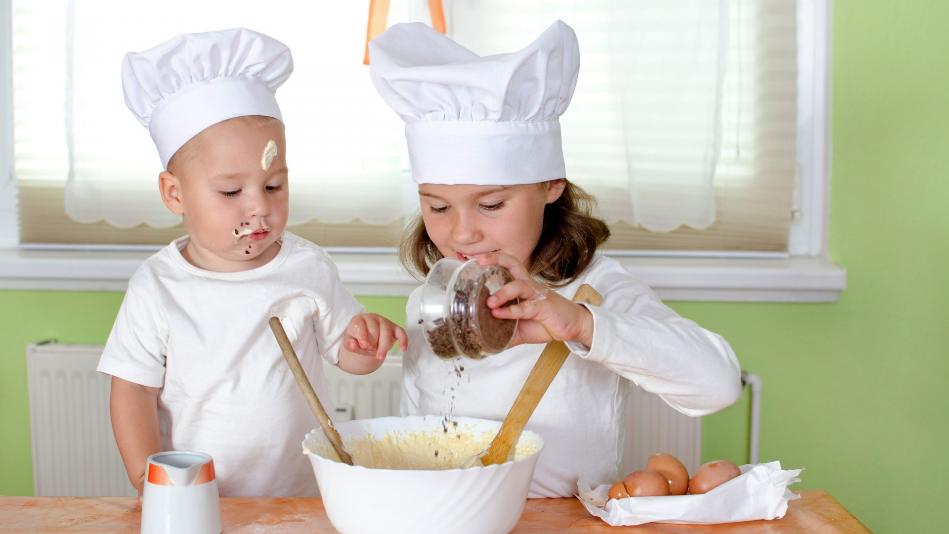 table, spices, boy, cream, girl, children, cup, eggs, kitchen, ребёнок, baby, spoon, cook