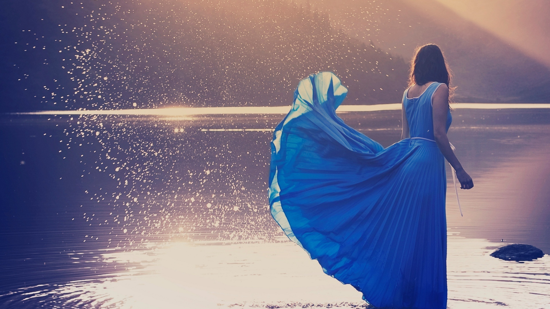 женщина, голубое, девушка, платье, настроения