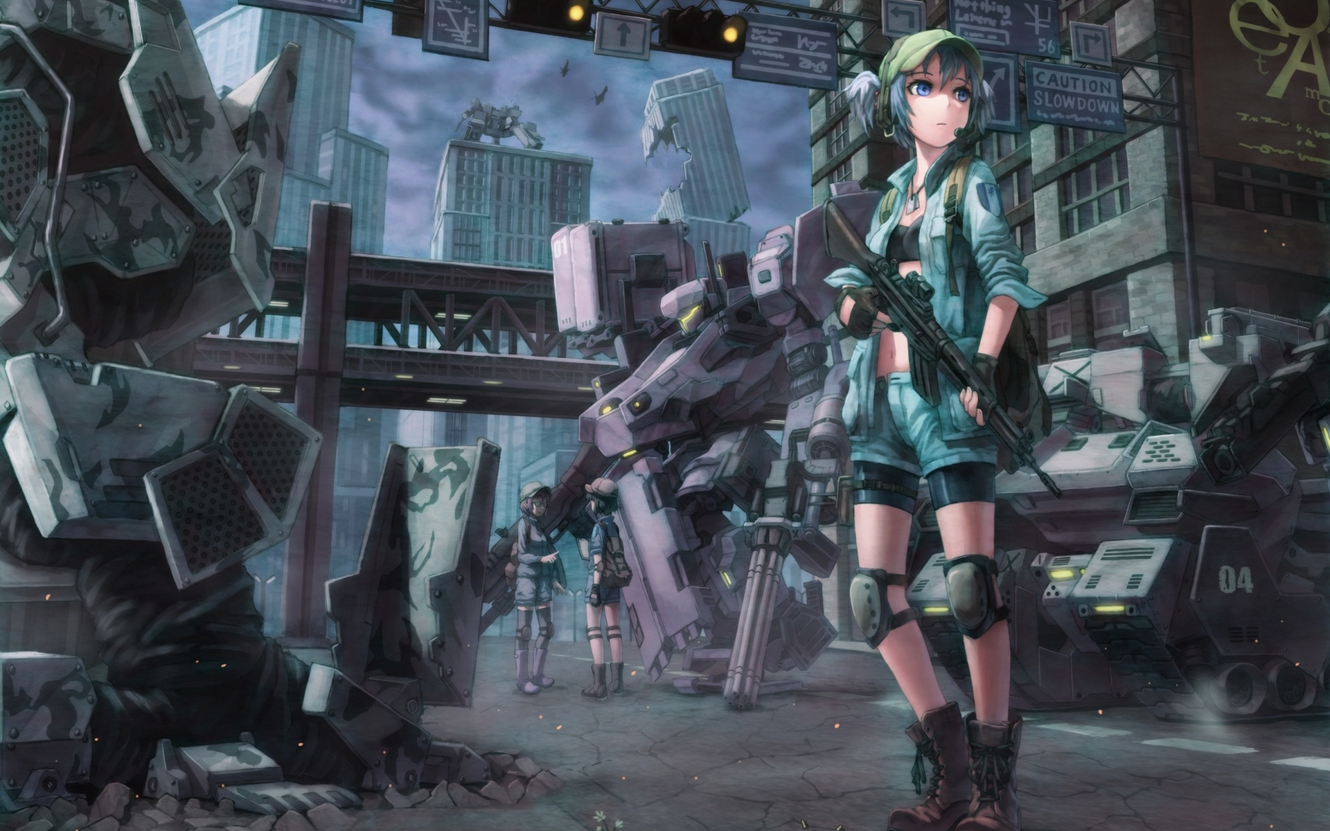 оружие, гильзы, kawashiro nitori, touhou, здания, девушка, роботы