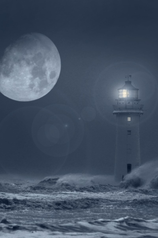 море, маяк, ночь, шторм, волны, луна, полнолуние, непогода