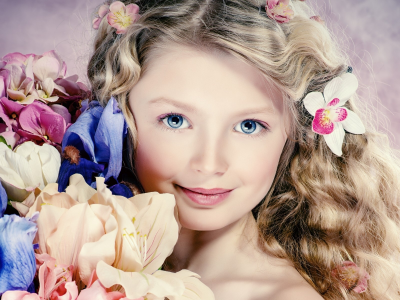 девочка, волосы, цветы, глаза, голубые, взгляд, портрет