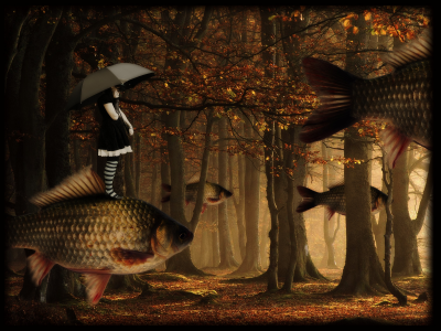 лес, рыбы, девушка, зонтик