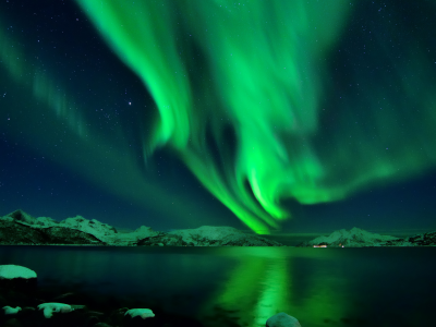 исландия, ночь, снег, северное сияние, звезды