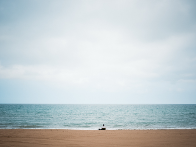 big, solitude, sky, alone, man, beach, blue, lake