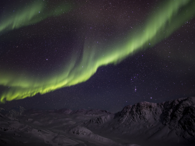 aurora borealis, зима, снег, ночь, северное сияние, зеленая