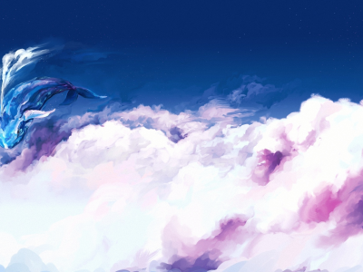 полет, облака, ominoux , фантазия, кит, арт, в небе
