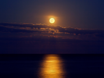 ночь, луна, облака, море, лунная дорога