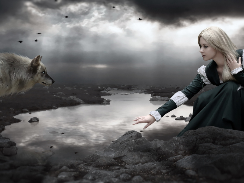 photomanipulation, dark, wolf, lake, girl