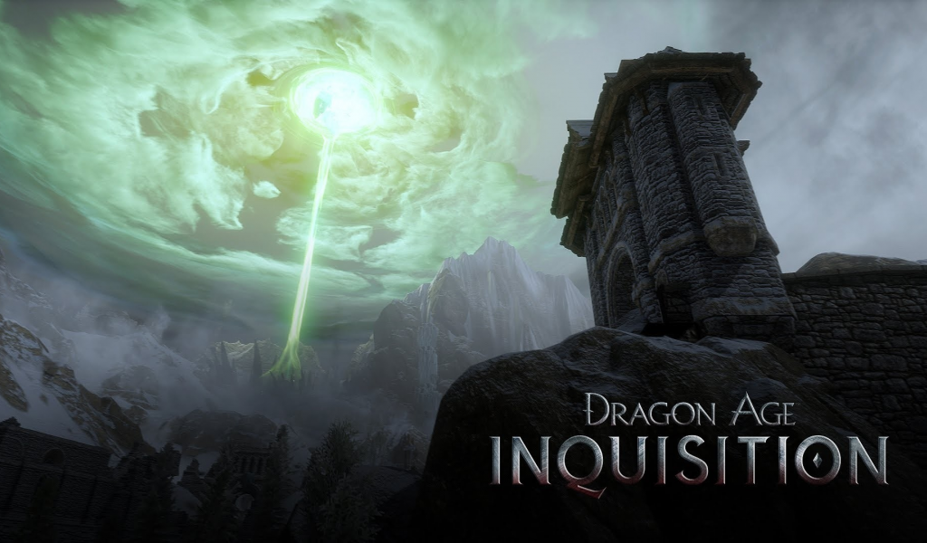 dragon age inquisition, луч, небо, тучи, магия, скалы, горы, замок