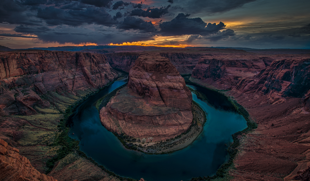 grand canyon national park, каньон, horseshoe bend, колорадо, тучи, река