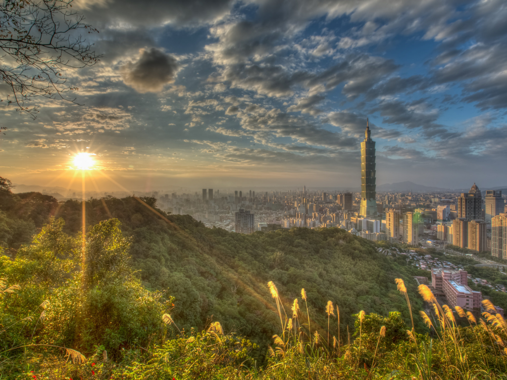 Тайбэй, Тайвань, Китай, закат, лучи, солнце