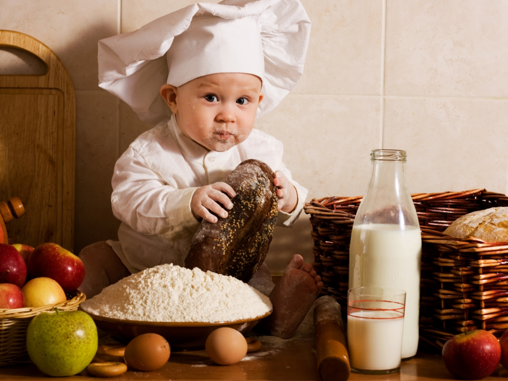 bread, baby, cap, flour, boy, milk, fruits, eggs, apples, vegetables, cook, babe, kitchen