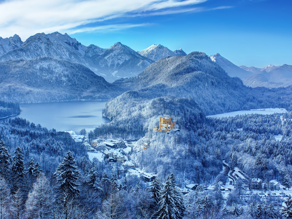 замок, лес, снег, пейзаж, зима, германия