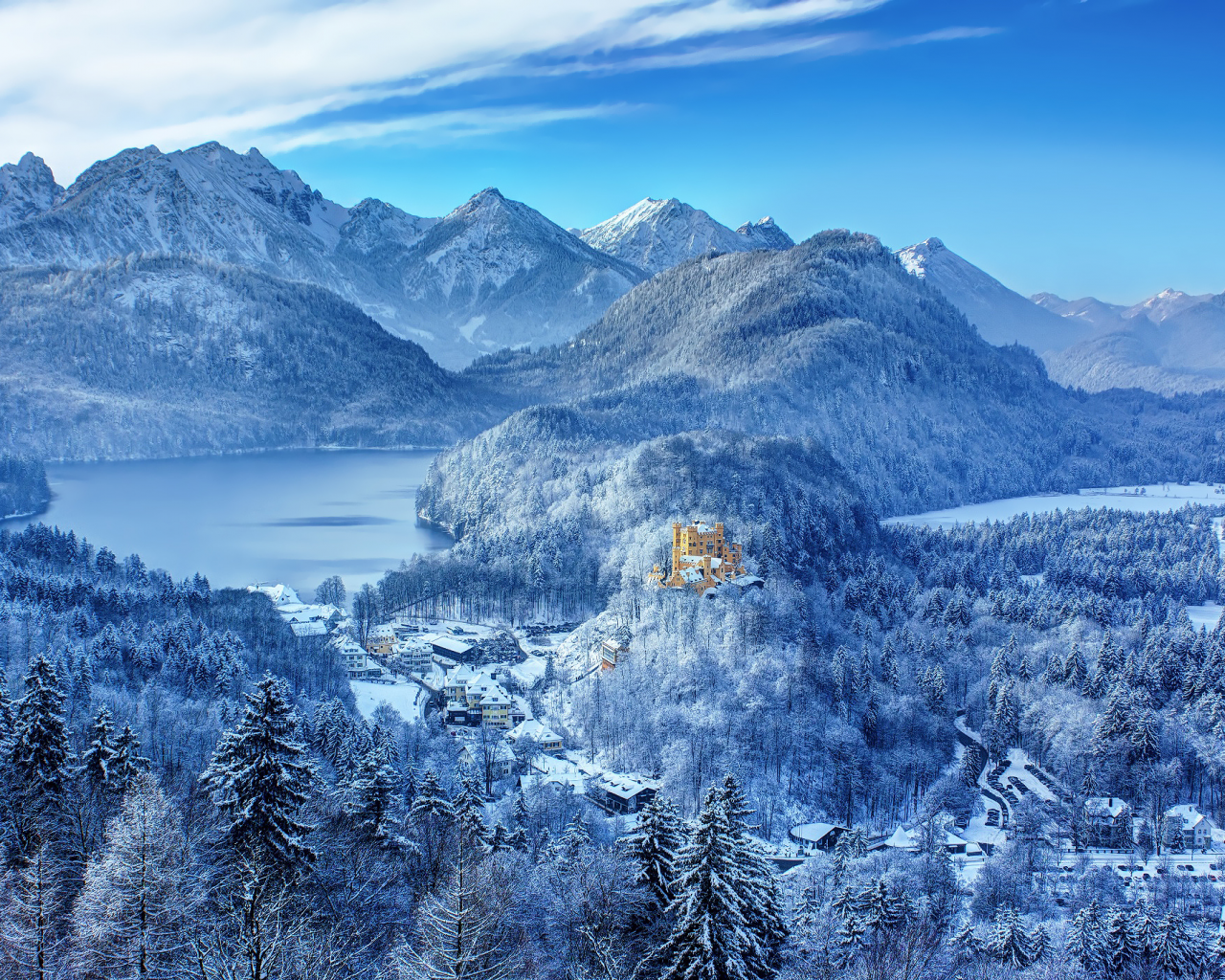 замок, лес, снег, пейзаж, зима, германия