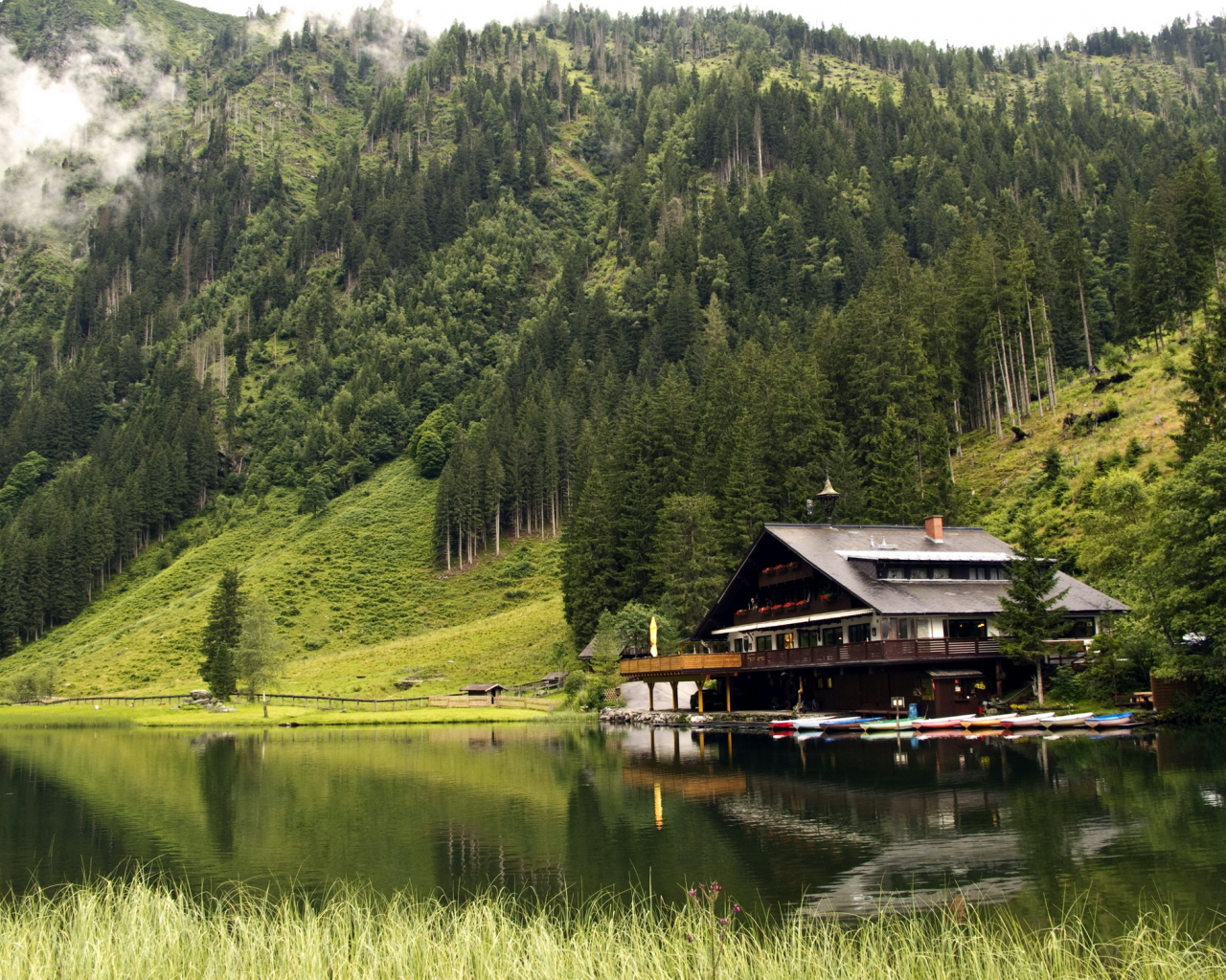 lake, house, boats, mountains, forest