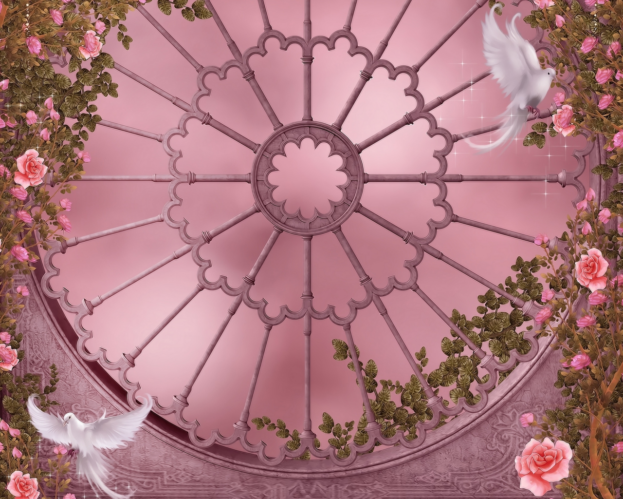 dove, flowers, roses, розовый сад, rose garden, garlands, gothic architecture, pigeon