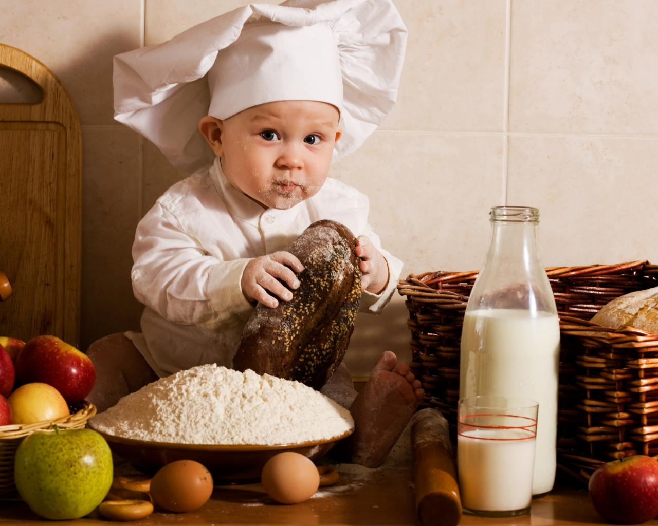 bread, baby, cap, flour, boy, milk, fruits, eggs, apples, vegetables, cook, babe, kitchen