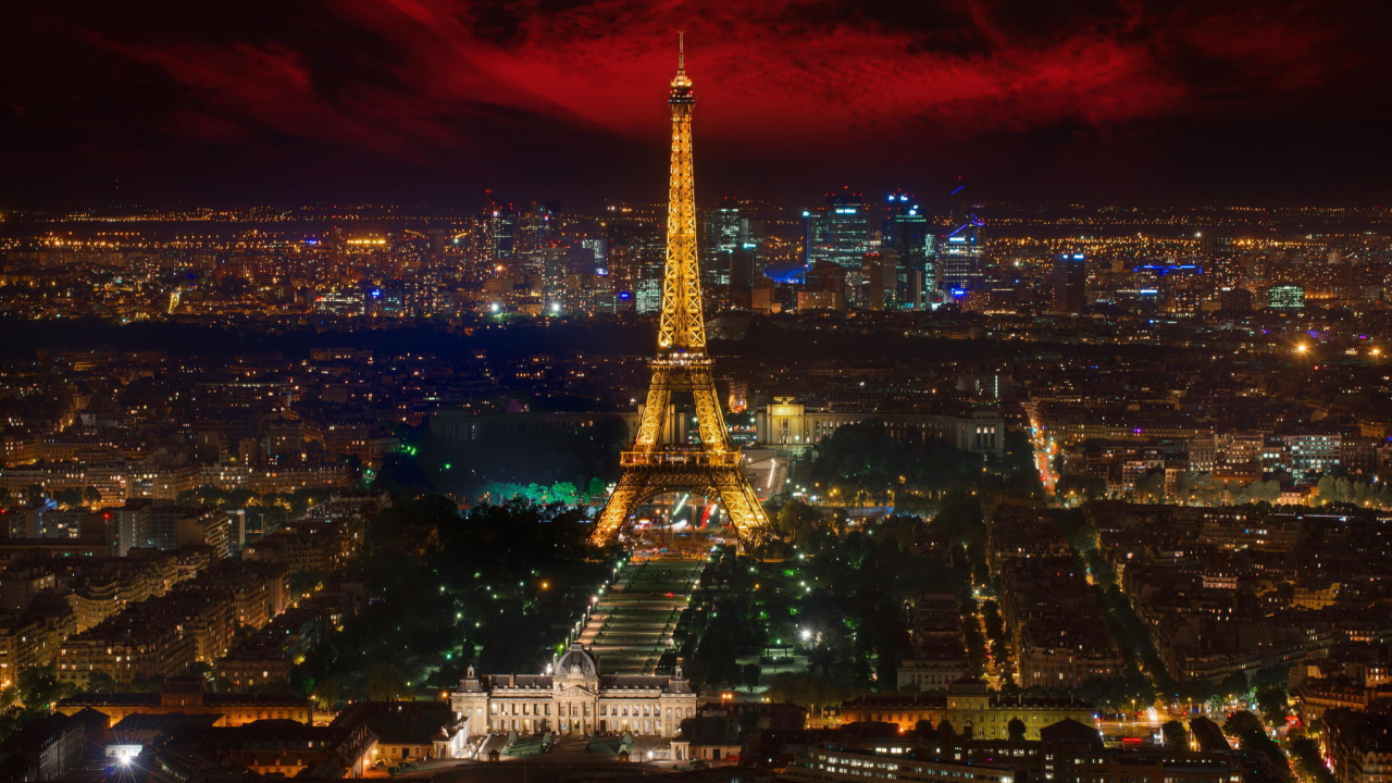ночь, город, огни, панорамма, эйфелева башня, Франция